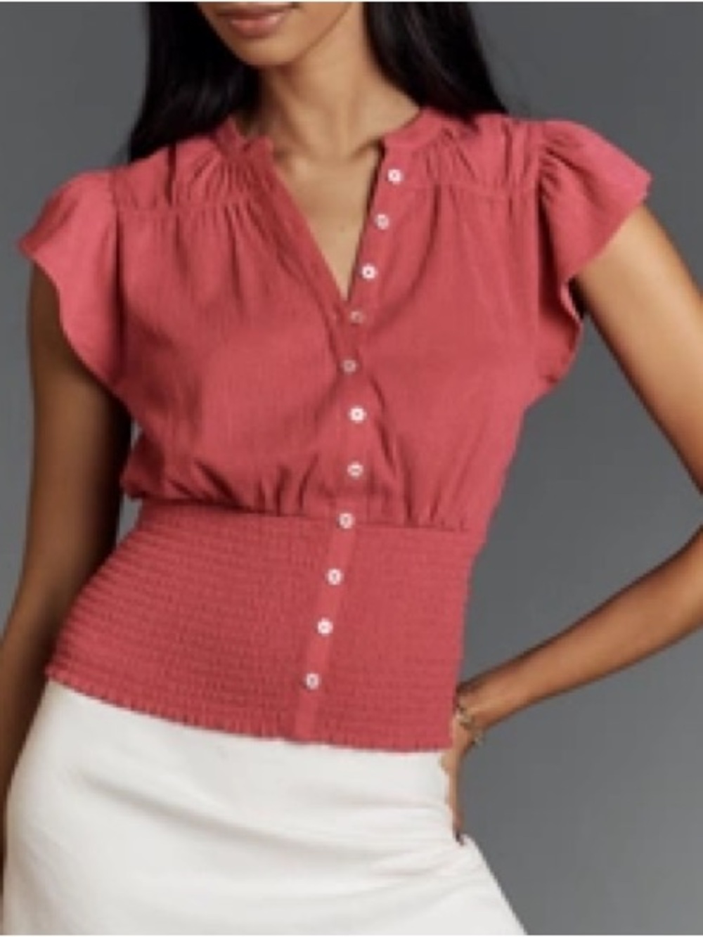 MAEVE SHORT-SLEEVE V-NECK FITTED-WAIST TOP Button-Front Top in rose XL